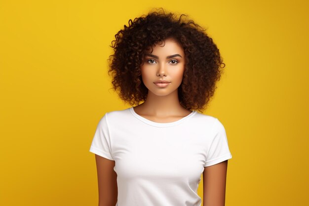 Curly hair young woman isolated on a yellow background