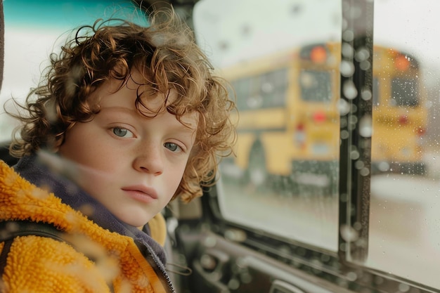 Curly haired boy pressing nose against rear windshield peering out intently for big brother39s school bus