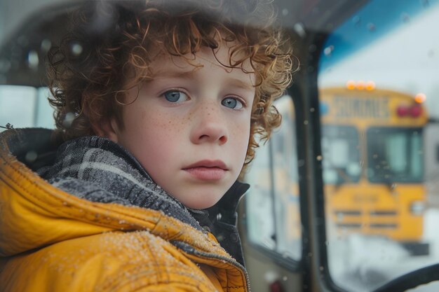 Curly haired boy pressing nose against rear windshield peering out intently for big brother39s school bus