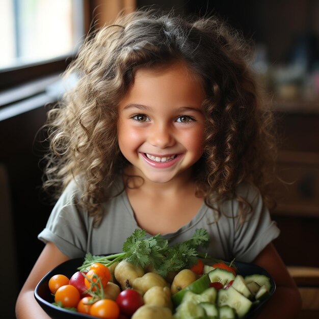 Photo curly haired girl holding bowl of vegetables