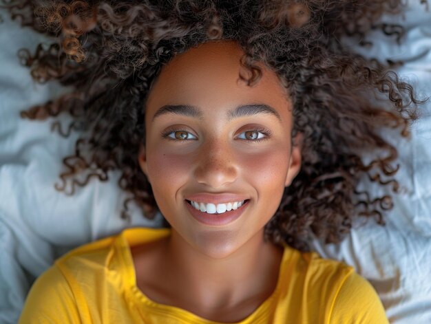 A curly haired girl lying in bed looking at the camera