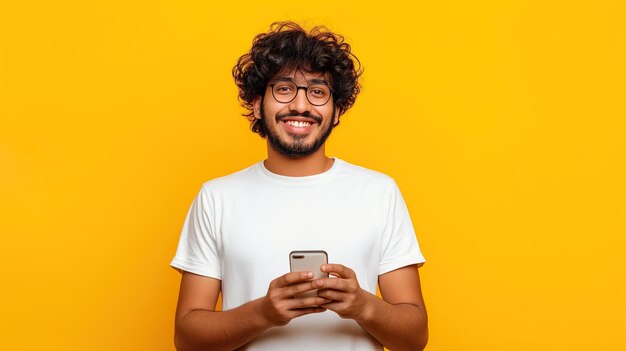 Curly haired man with glasses holds cell phone technology communication concept generative ai