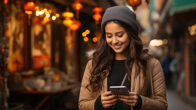 Curly haired mulatto woman looking at her phone on the street