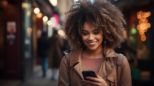 Curly haired mulatto woman looking at her phone on the street