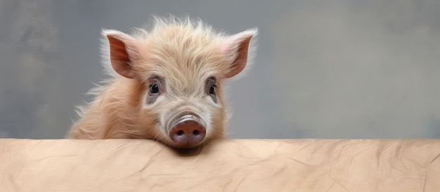 Curly haired pig breed from Hungary and Balkans displayed against a isolated pastel background Copy space