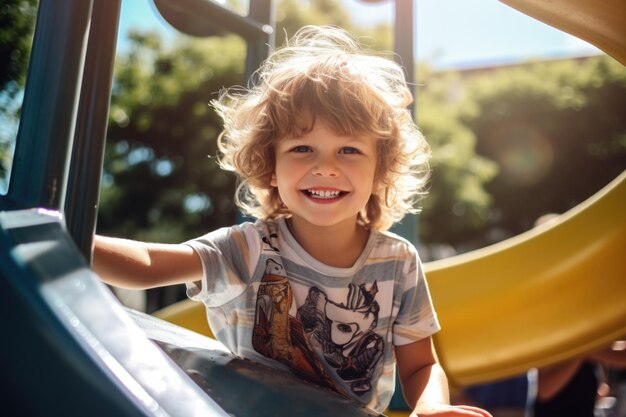 Photo curly haired preschool boy plays on playground active outdoor games for children outdoor playgroun