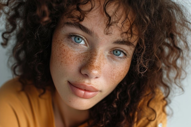 Photo curly haired young woman with freckles