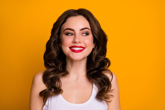 curly lady red cheerful person look side