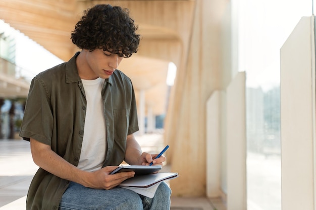 素晴らしい晴れた日に屋外の通りに座って勉強している巻き毛の男