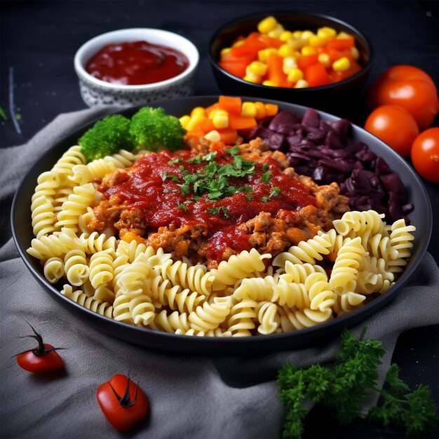Curly pasta with red tomato sauce with various