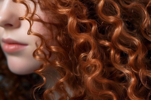 Curly Red hair closeup Beautifully styled wavy shiny curls Hairdressing procedures