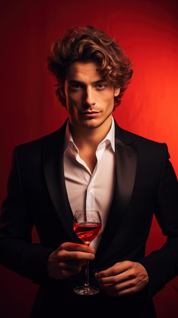 Photo curly stylish elegant man holds cocktail glass