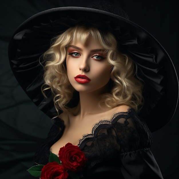 Curly Stylish Girl Gothic Fashion with Red Earrings and Black Hat