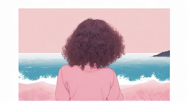 Curly Whispers 魅惑的な優雅さで後ろから見た巻き毛の女性の絵