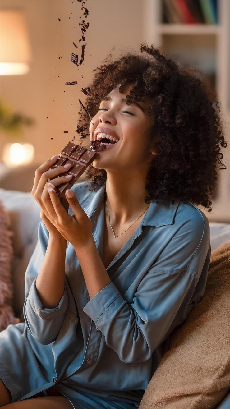 Photo curly woman eating chocolate