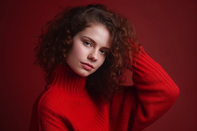 Curly woman red sweater Model person Generate Ai