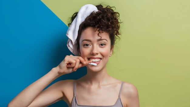 Photo curly woman with towel on her head cleans her teeth