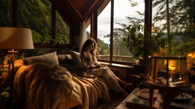 Curly young sexy woman resting on modern barn house in the mountains