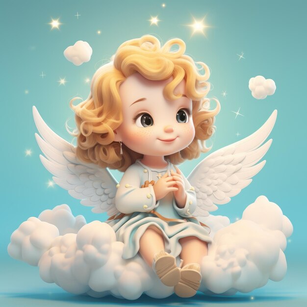 Curlyhaired angel sitting on cloud