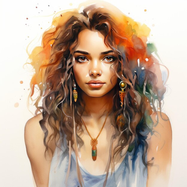 Curlyhaired Boho Beauty A Captivating Watercolor Portrait on a White Background