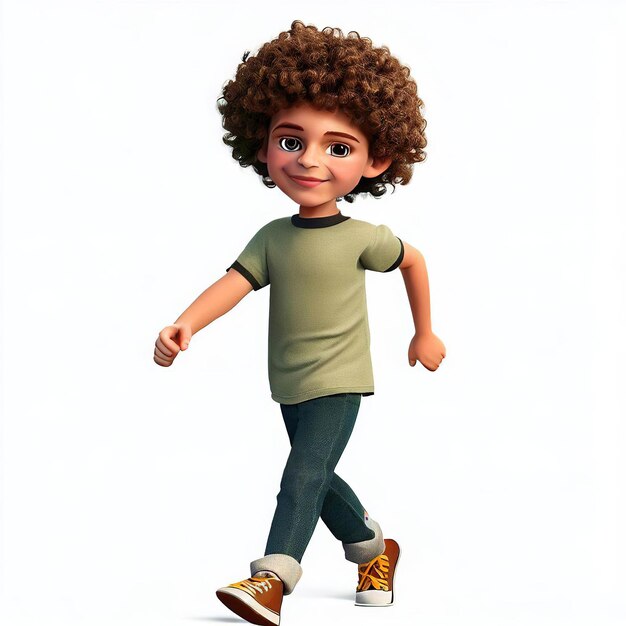 Curlyhaired boy walking with white backgrond