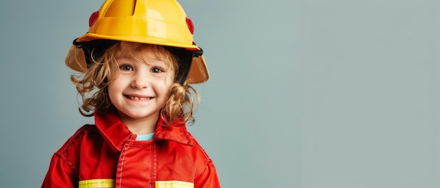 Foto un bambino dai capelli ricci trasuda fiducia in un costume di pompiere completo di un casco giallo brillante