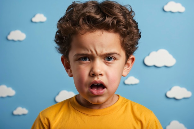Curlyhaired child with a puzzled expression wearing a yellow shirt against a blue background with white clouds