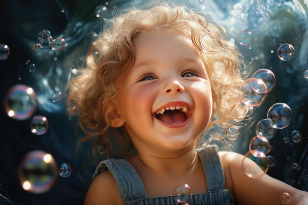 Curlyhaired laughing girl and soap bubbles