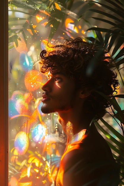 Curlyhaired man gazes out window at night immersed in visual arts event