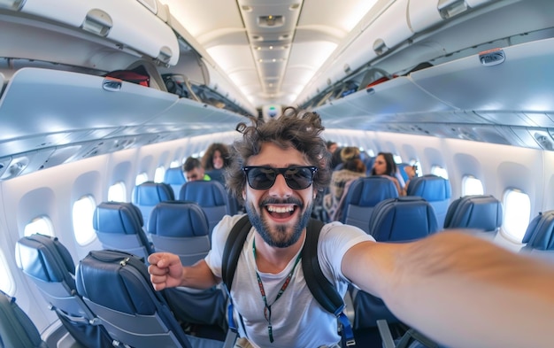 A curlyhaired man with sunglasses gives a thumbs up while taking a selfie on an airplane exuding a travelready spirit