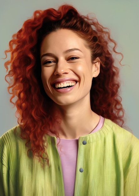 Curlyhaired 웃는 여자 초상화