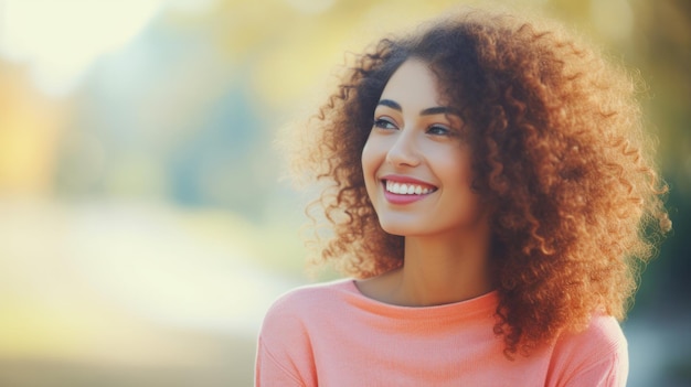 Curlyhaired woman beaming with joy