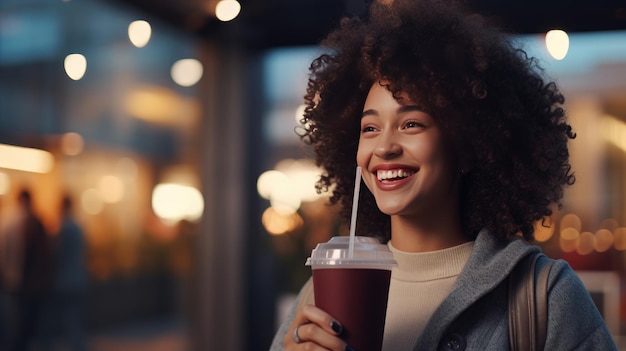 Photo curlyhaired woman in casual jacket savoring fresh detox vegetable smoothie embracing a healthy die