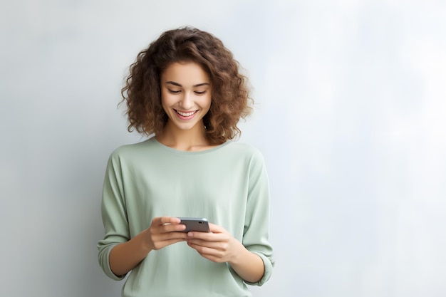 Photo curlyhaired woman with smartphone