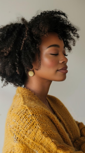 CurlyHaired Woman in Yellow Sweater