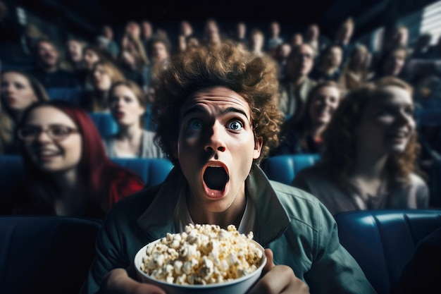 Foto ragazzo dai capelli ricci con un bicchiere di popcorn che guarda un film emozionante