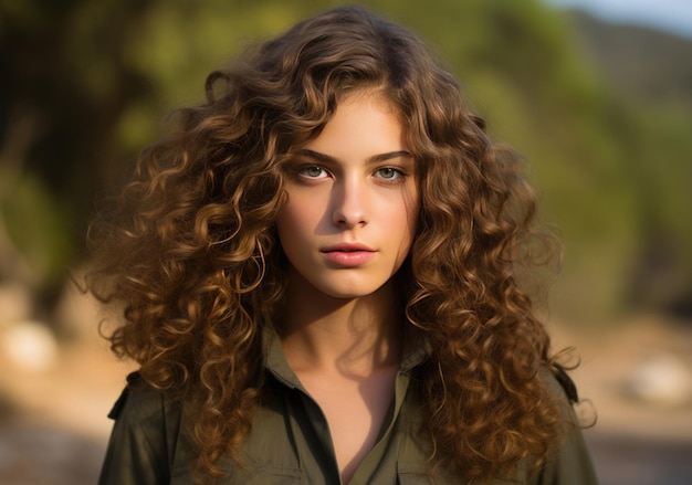 Curlyhaired young woman in military attire outdoors