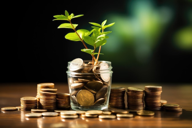 Currency coins stack growth graph with bokeh light on background investment concept plants grow