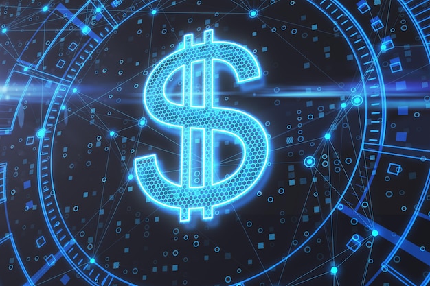 Currency and financial concept with digital glowing sign on abstract dark background 3D rendering