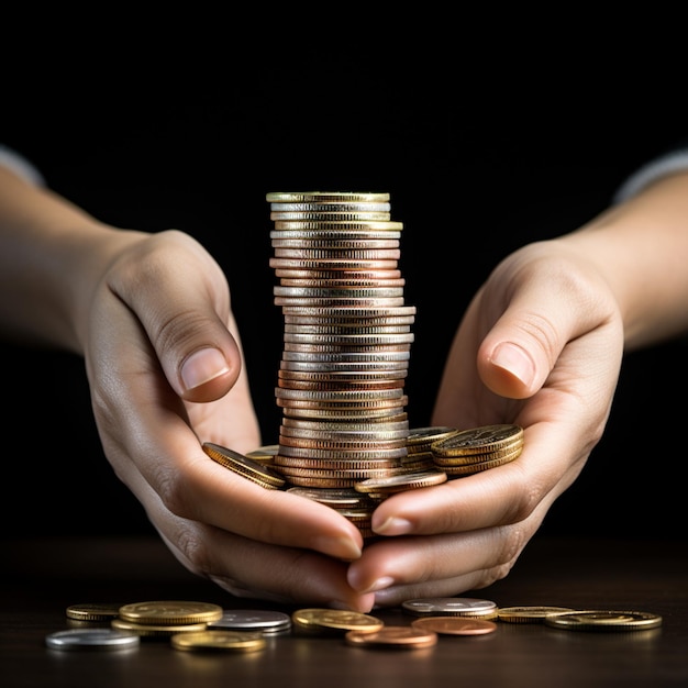 Currency Grasp Hand Holding a Stacked Fortune of Coins and Dollars