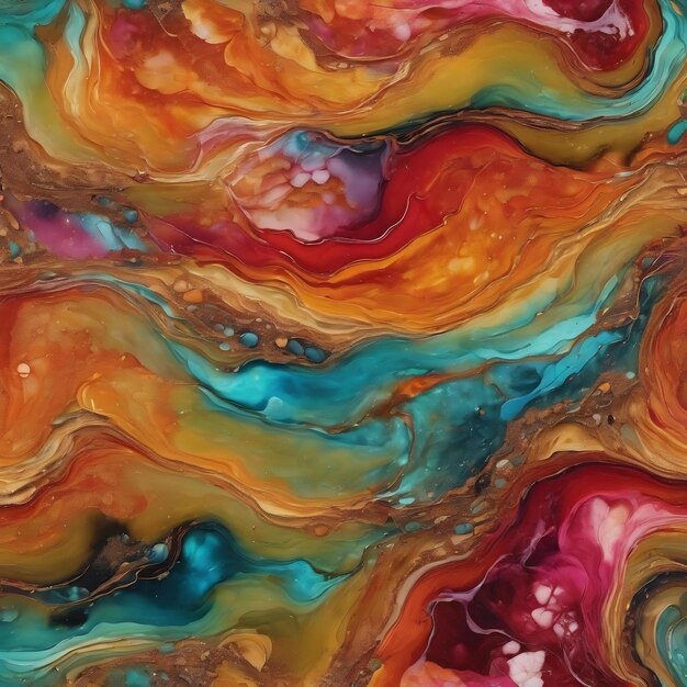 Currents of translucent hues snaking metallic swirls and foamy sprays of color shape the landscape