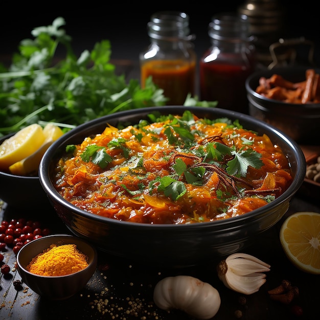Foto il curry è un piatto di carne spesso preparato con pasta di curry e spezie popolare in india, tailandia e in altri paesi generati dall'intelligenza artificiale