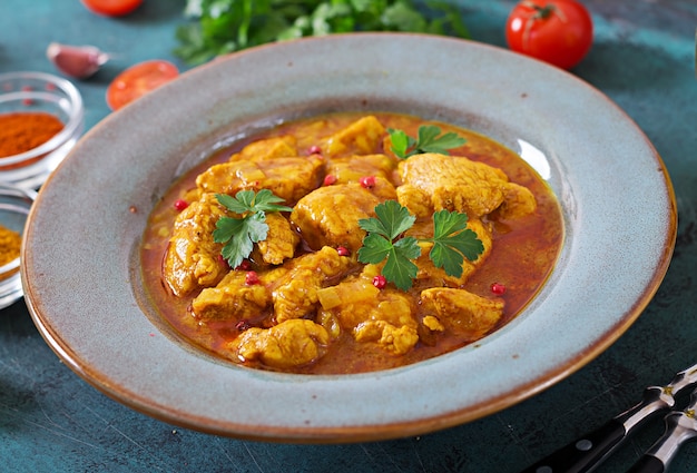 Curry met kip en uien. Indiaans eten. Aziatische keuken.