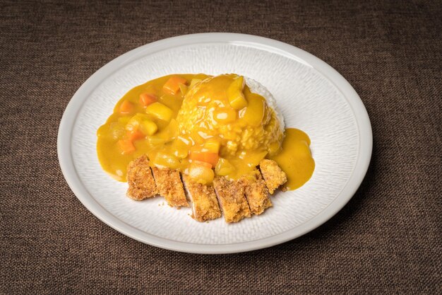 Curry pork chop rice on monochrome background