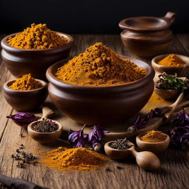 Curry Saffron and Turmeric Spices on Wood