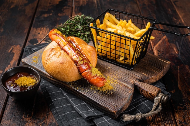 Currywurst Bratwurst sausage in a bun with curry sauce and French fries. Wooden background. Top view.