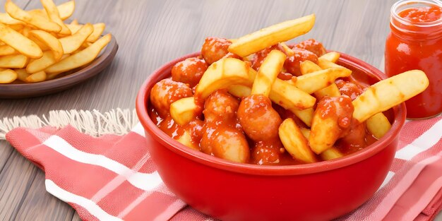 Currywurst een Duits gerecht met gehakte worstjes, chips en een pittige ketchup saus