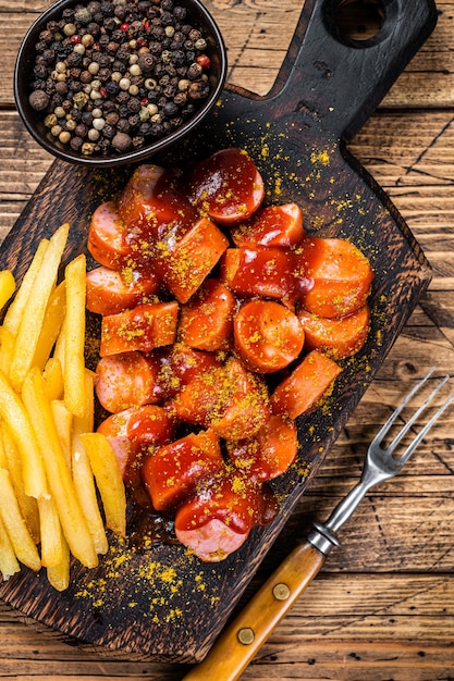 Currywurst Sausages street food served French fries on a wooden board