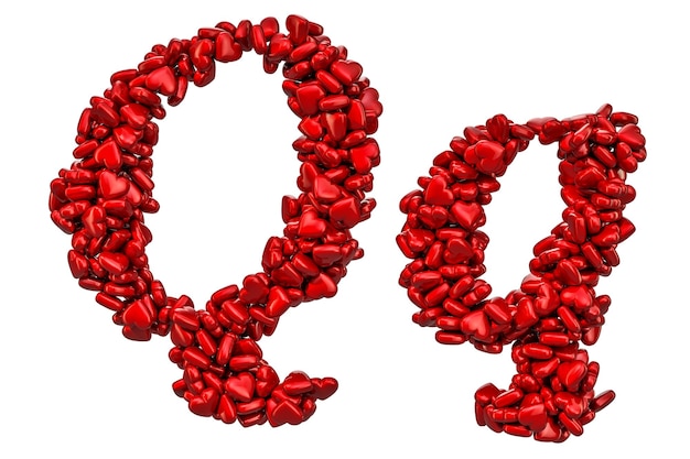 Foto cursieve letter q van rode harten hoofdletters en kleine letters 3d-rendering