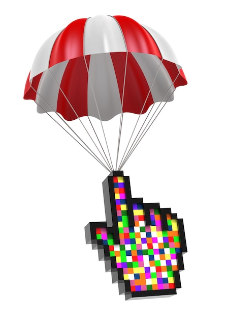 Cursor Hand and Parachute. 3D Digitally Generated Image.